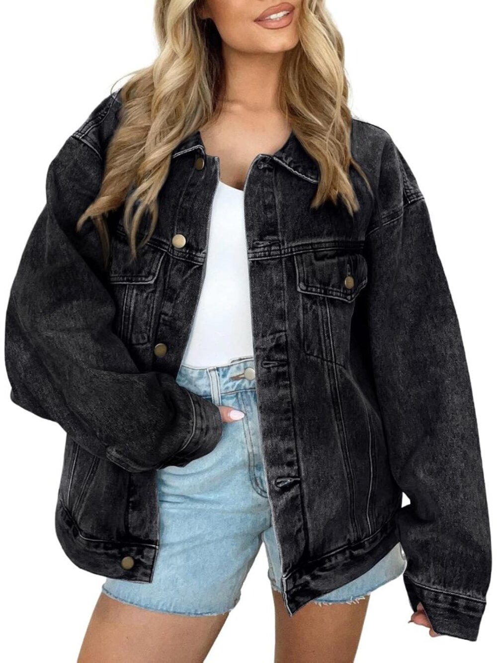 Women's Black Button Down Oversized Jeans Jacket with Pockets Denim Jacket